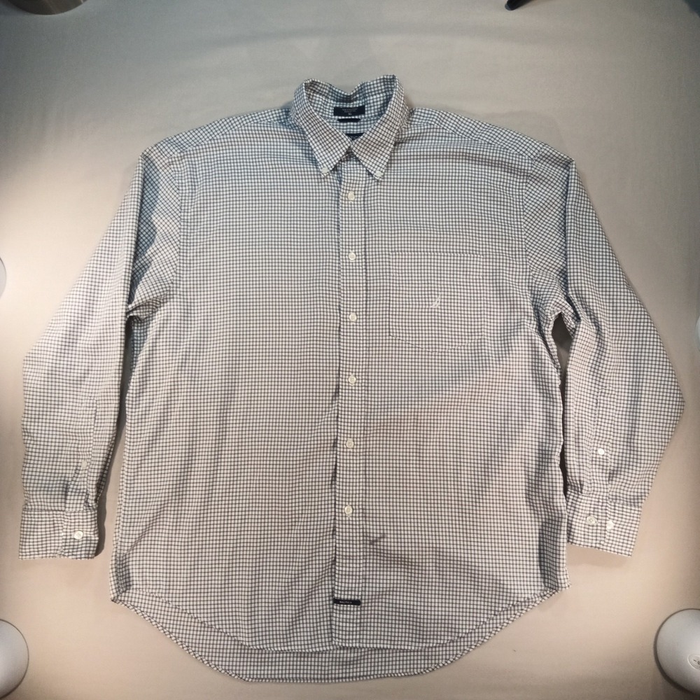 Nautica Men's XL White Blue Check Button Down Shirt Long Sleeve 100%‎ Cotton